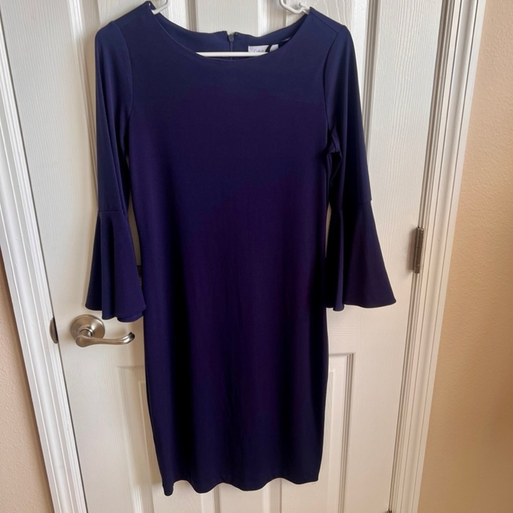 Calvin Klein Women's Navy Blue Long Sleeve Bell Sleeve Sheath Dress Size 4